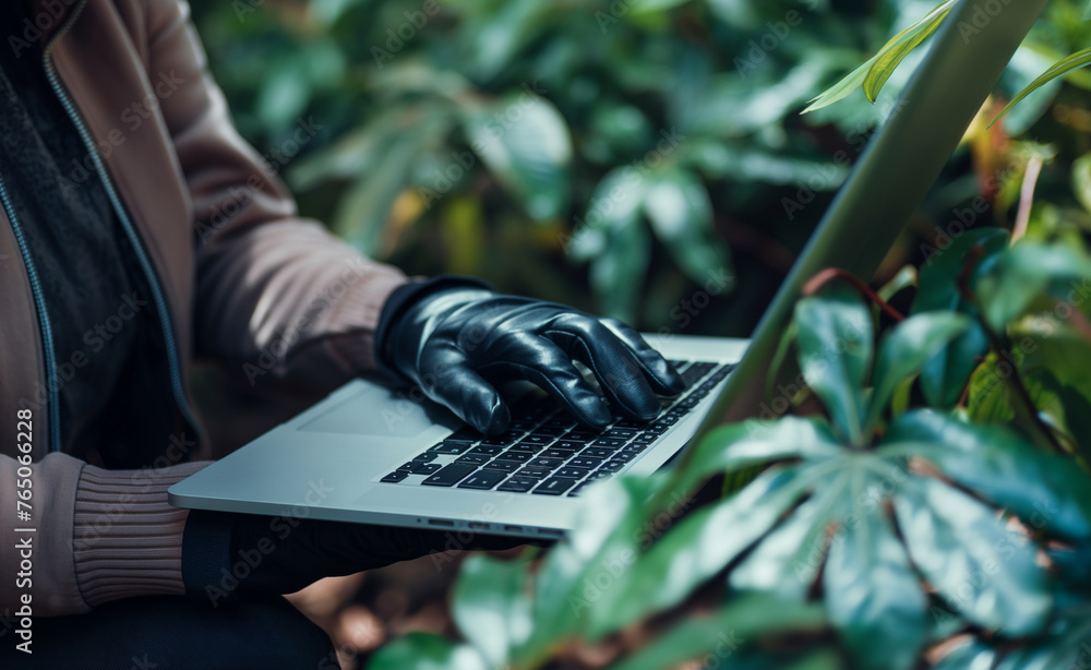 Poster digital intrigue: close-up of hacker with laptop