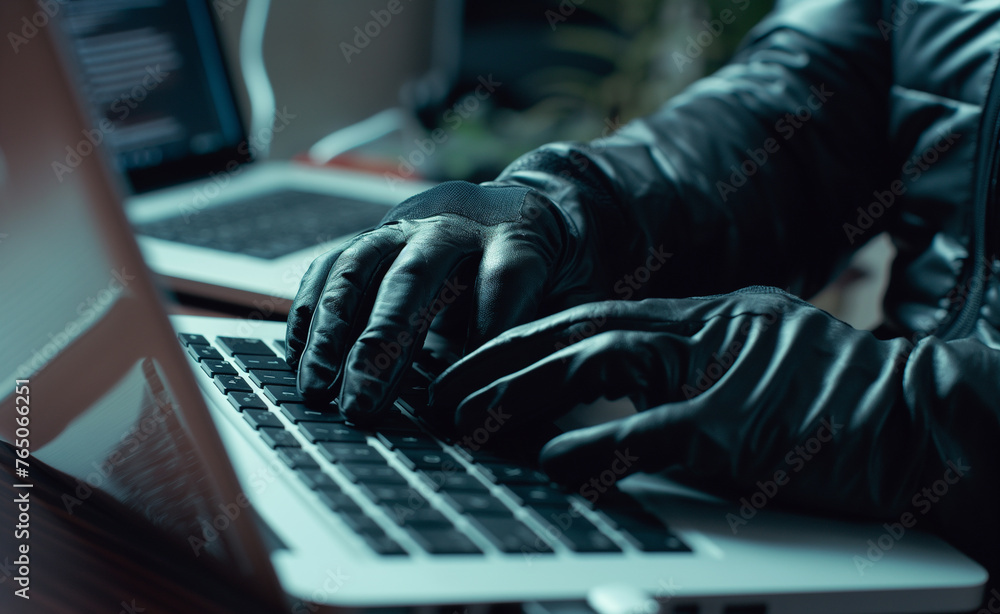 Poster digital intrigue: close-up of hacker with laptop