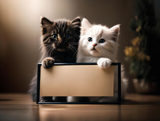 Two young kittens with an empty sign