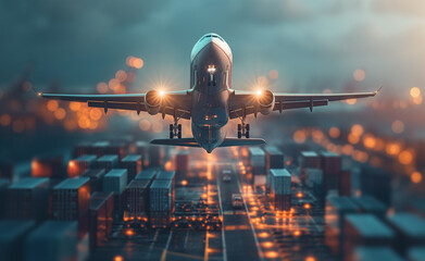 Skyward Commerce: Cargo Plane Soars from Busy Airport - obrazy, fototapety, plakaty