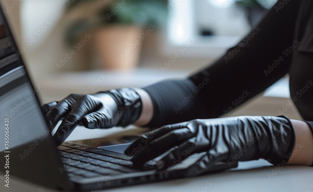 Poster digital intrigue: close-up of hacker with laptop