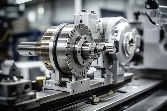 The intricate mechanics of a lathe tailstock captured in the heart of a bustling manufacturing environment