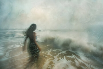 Woman in the ocean. Female silhouette in the waves. Swimming in foggy morning. Abstract ocean painting. Misty seascape art illustration for a poster, music album, book cover, poetry, wallpaper.