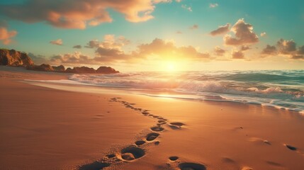 Tranquil sunset beach scene with gentle waves and footprints on the sandy shore at dusk