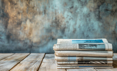 Stack of newspapers on wooden table - obrazy, fototapety, plakaty