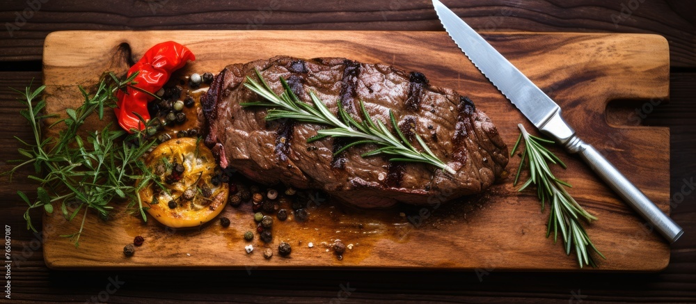 Poster Capture the detailed view of a meat steak placed on a wooden cutting board with a sharp knife ready for slicing