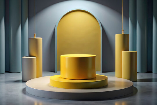 Immersive 3D Room: Realistic Yellow Cylinder Podium for Product Showcase Presentation