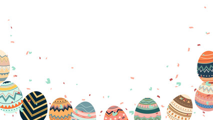 Happy Easter banner horizontal poster, greeting card, header for website. painted eggs and confetti colorful retro - 765067241