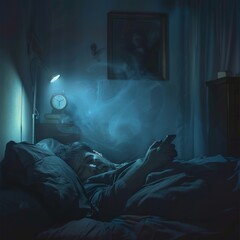 A surreal depiction of a man sleeping with a digital essence rising from his smartphone, reflecting on the digital intrusion into our rest