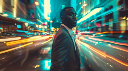 Naklejka premium A man in a suit stands on a city street at night