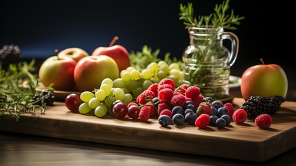 a cutting board with a variety of fruits and vegetables on it
