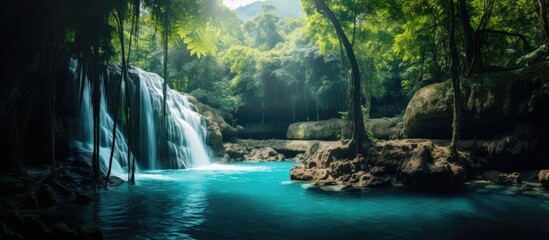 A majestic waterfall flowing in a dense rainforest, the scene brightened by a radiant light shining from above
