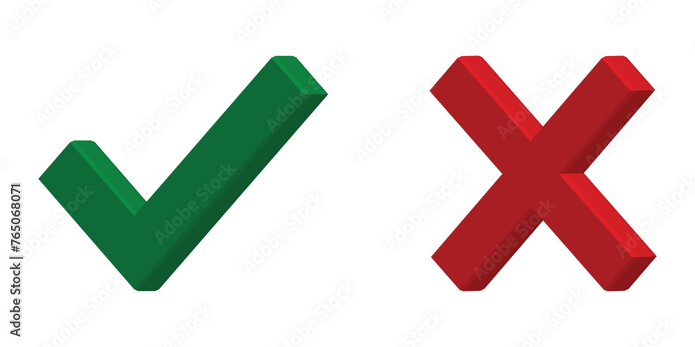 Aufkleber tick and cross 3d button, vector symbol on transparent background.
