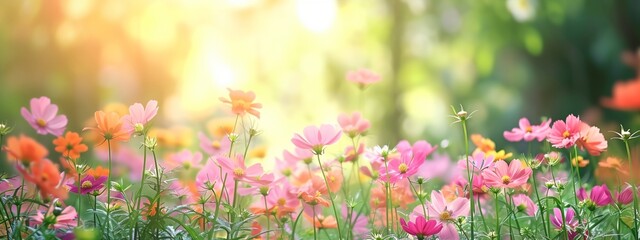 a bunch of pink flowers in a field of grass