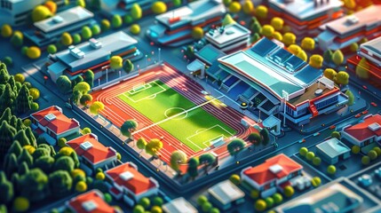 A dynamic illustration of a competitive sports event where all facilities and equipment are powered by renewable energy, promoting green practices in the sports industry - obrazy, fototapety, plakaty