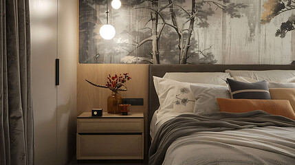 Contemporary bedroom with a wallpapered accent wall and hidden storage in a bedside table