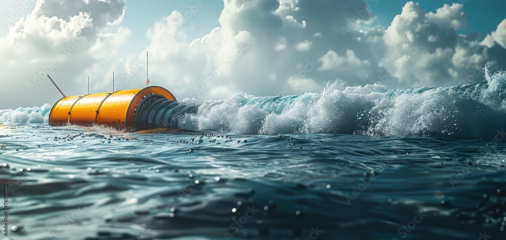 Poster implementing wave energy converters to restore marine life and generate clean power. ocean energy in