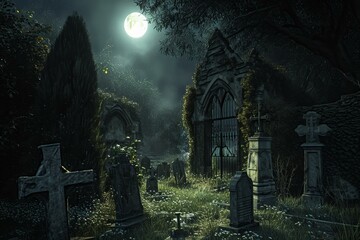 Eerie Ancient graveyard night. Cemetery zombie. Generate Ai - obrazy, fototapety, plakaty