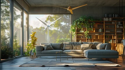 A cozy, modern living room powered entirely by renewable energy, showcasing solar panels and wind turbines through the window