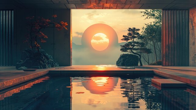 A serene painting of a meditation space powered entirely by ambient noise-converted energy, merging tranquility with innovative energy harvesting techniques