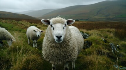 Obraz premium a group of sheep standing next to each other on a field of grass