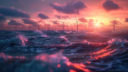Poster A majestic view of an offshore wind farm at dawn, with turbines standing tall above the waves, symbolizing strength and the vast potential of renewable resources © Gefo