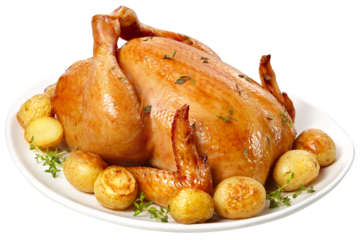 frango assado acompanhado de batatas assadas com ervas isolado em fundo transparente