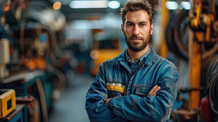 A detailed portrait of an electric car mechanic in a workshop, highlighting the growing industry and job opportunities in the electric vehicle maintenance sector - obrazy, fototapety, plakaty