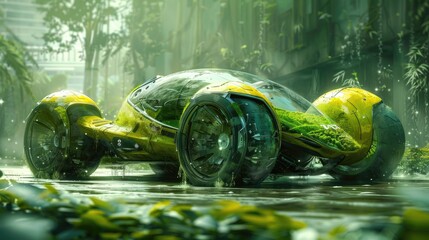 An imaginative drawing of a futuristic algae-powered vehicle, exploring the potential of algae biofuels and the innovation in green transportation technologies - obrazy, fototapety, plakaty