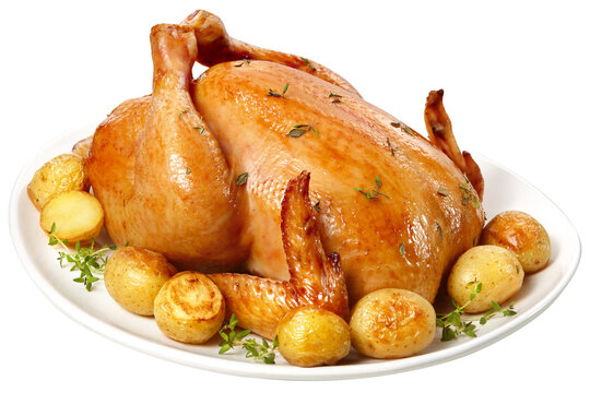 frango assado acompanhado de batatas assadas com ervas isolado em fundo transparente