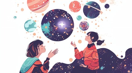 two children are looking at planets in the sky