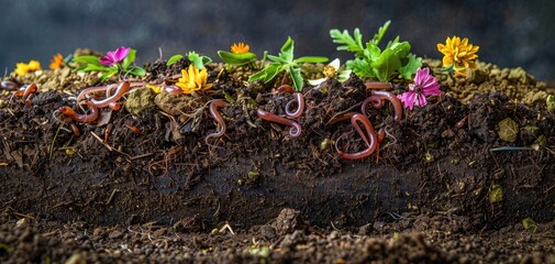Utilizing earthworms in organic waste composting to enhance soil fertility. Vermicomposting project, solid color background - obrazy, fototapety, plakaty