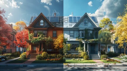 A dynamic before-and-after representation of energy retrofitting in an old residential area, highlighting the impact of insulation, solar panels, and green technology on energy efficiency - obrazy, fototapety, plakaty