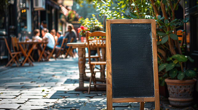 Blank wooden menu blackboard outdoor display mock up. Sidewalk street restaurant or cafe chalkboard empty template. Pillar for menu text or advertising. Blurred street scene with people having lunch.