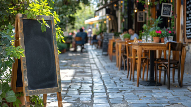 Blank wooden menu blackboard outdoor display mock up. Sidewalk street restaurant or cafe chalkboard empty template. Pillar for menu text or advertising. Blurred Mediterranean street scene.