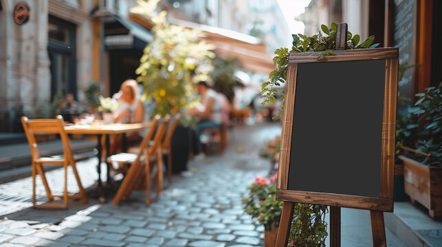 Blank wooden menu blackboard outdoor display mock up. Sidewalk street restaurant or cafe advertising.  chalkboard empty template. Blurred street scene with eating people and cobblestone pavement