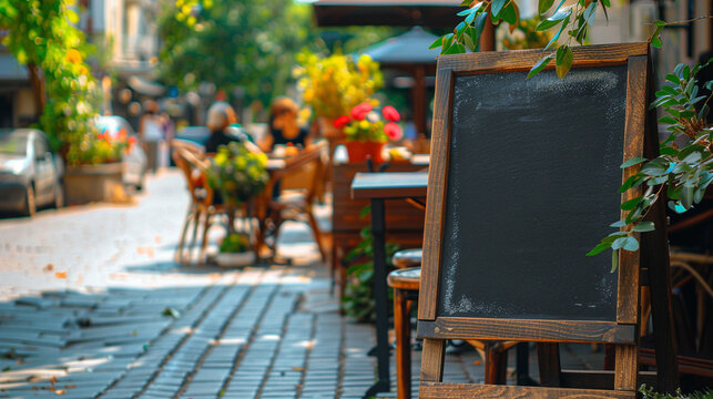 Blank wooden menu blackboard outdoor display mock up. Sidewalk street restaurant or cafe chalkboard empty template. Pillar for menu text or advertising. Blurred street scene sunny day.