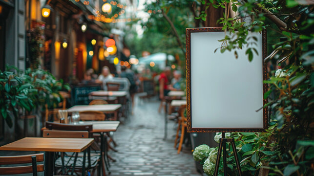 Blank wooden menu blackboard outdoor display mock up. Sidewalk street restaurant or cafe chalkboard empty template. Pillar for menu text or advertising. Blurred evening street scene