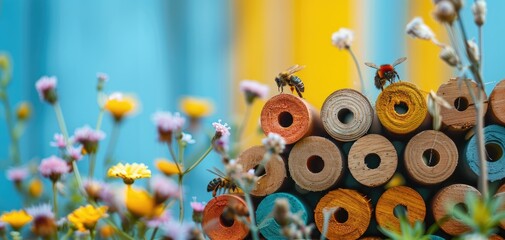 Creating insect hotels and bee habitats in urban areas to support pollinators. Insect conservation effort, solid color background - obrazy, fototapety, plakaty