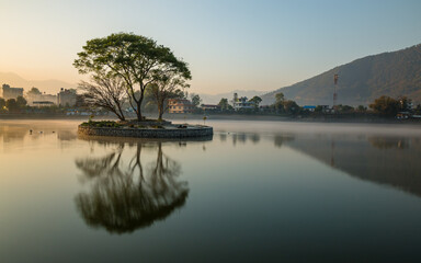 Landscape view of Taudah Lake in Kathmandu, Nepal.