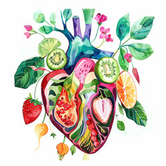 Illustration of vegetables forming a heart shape on a white background, watercolor, healthy food.