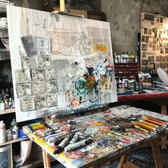 A colorful, chaotic artist studio with a painting in progress and various art supplies scattered around
