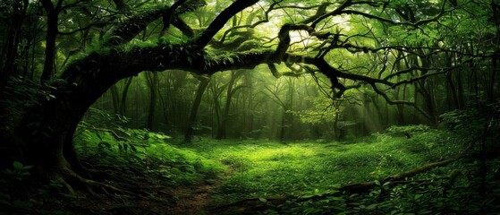  Lush green forest, brimming with trees and blanketed in grass The floor is dense with tree trunks and verdant undergrowth - obrazy, fototapety, plakaty