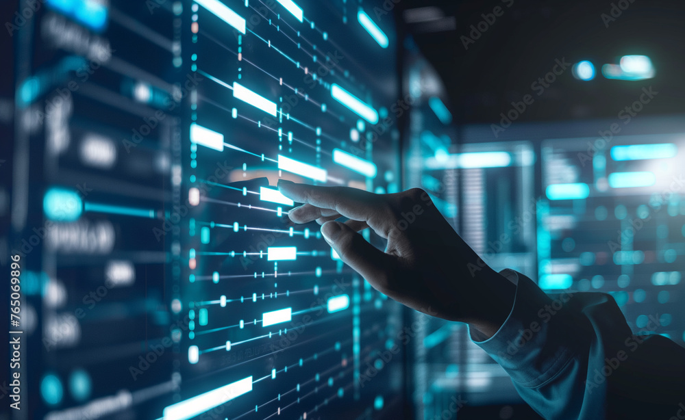 Poster a hand interacts with digital data on a high-tech screen, highlighting futuristic technology.