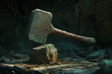 Massive Ancient fantasy hammer. Medieval thunder. Generate Ai - obrazy, fototapety, plakaty