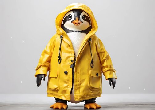 A penguin wearing a yellow rain coat