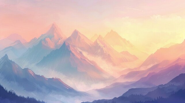 Use soft, pastel colors to depict the breaking dawn of mountains in the warm light of sunrise