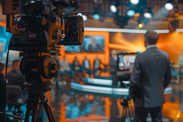 A newsroom with journalists reporting live on television featuring anchors and correspondents in a studio setting. Concept News Reporting, Live Television, Journalists, Anchors, Studio Setting