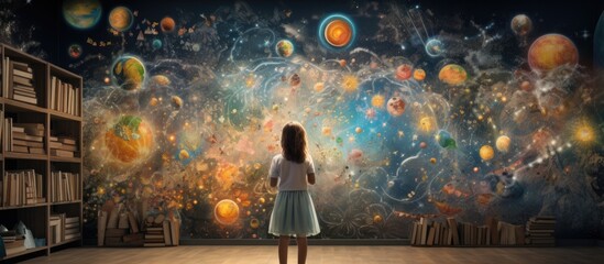 A young girl looking at a mural on a wall depicting planets, stars, and galaxies in cosmic colors