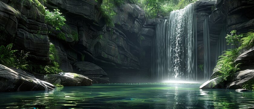  A waterfall painting surrounded by greenery in a body of water